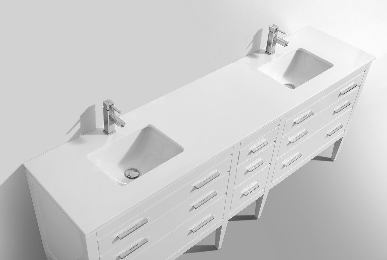 Eiffel 84″ Double Sink High Gloss White Vanity W/ White Counter Top