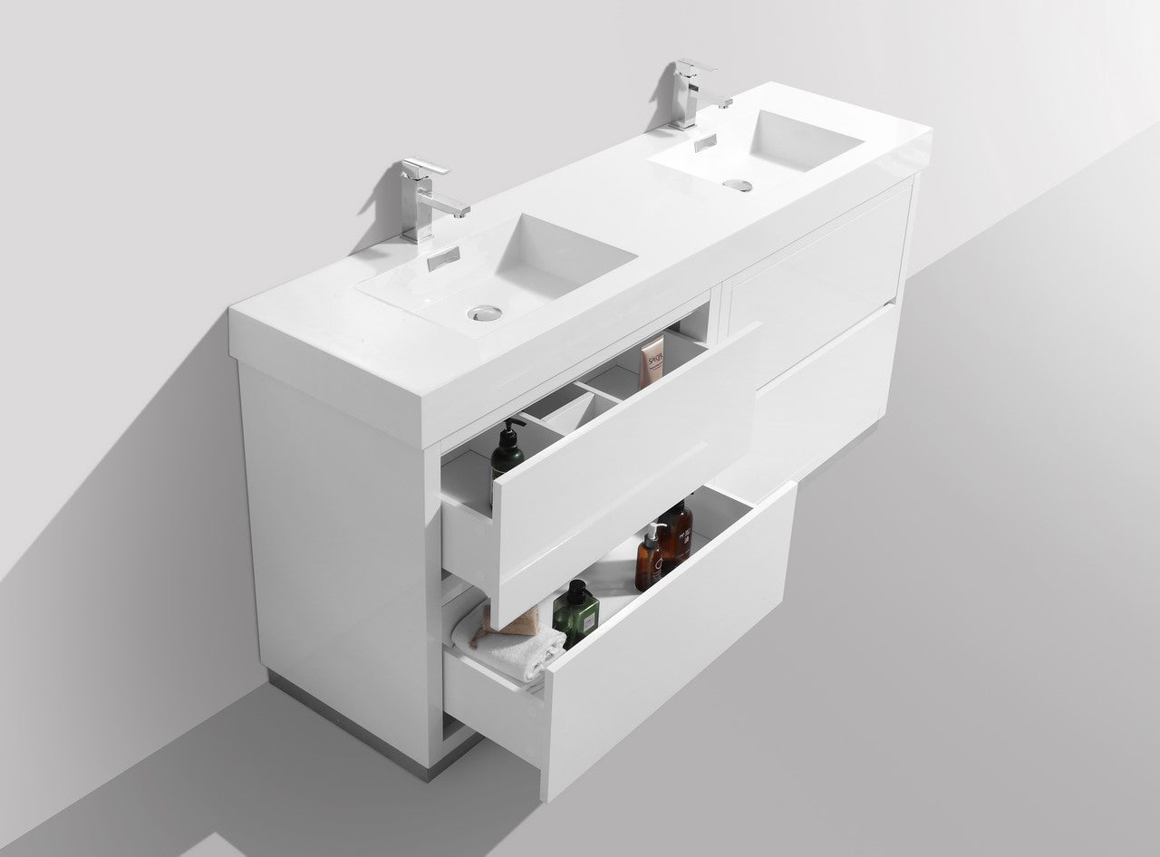 Bliss 60″ Double Sink High Gloss White Free Standing Modern Bathroom Vanity