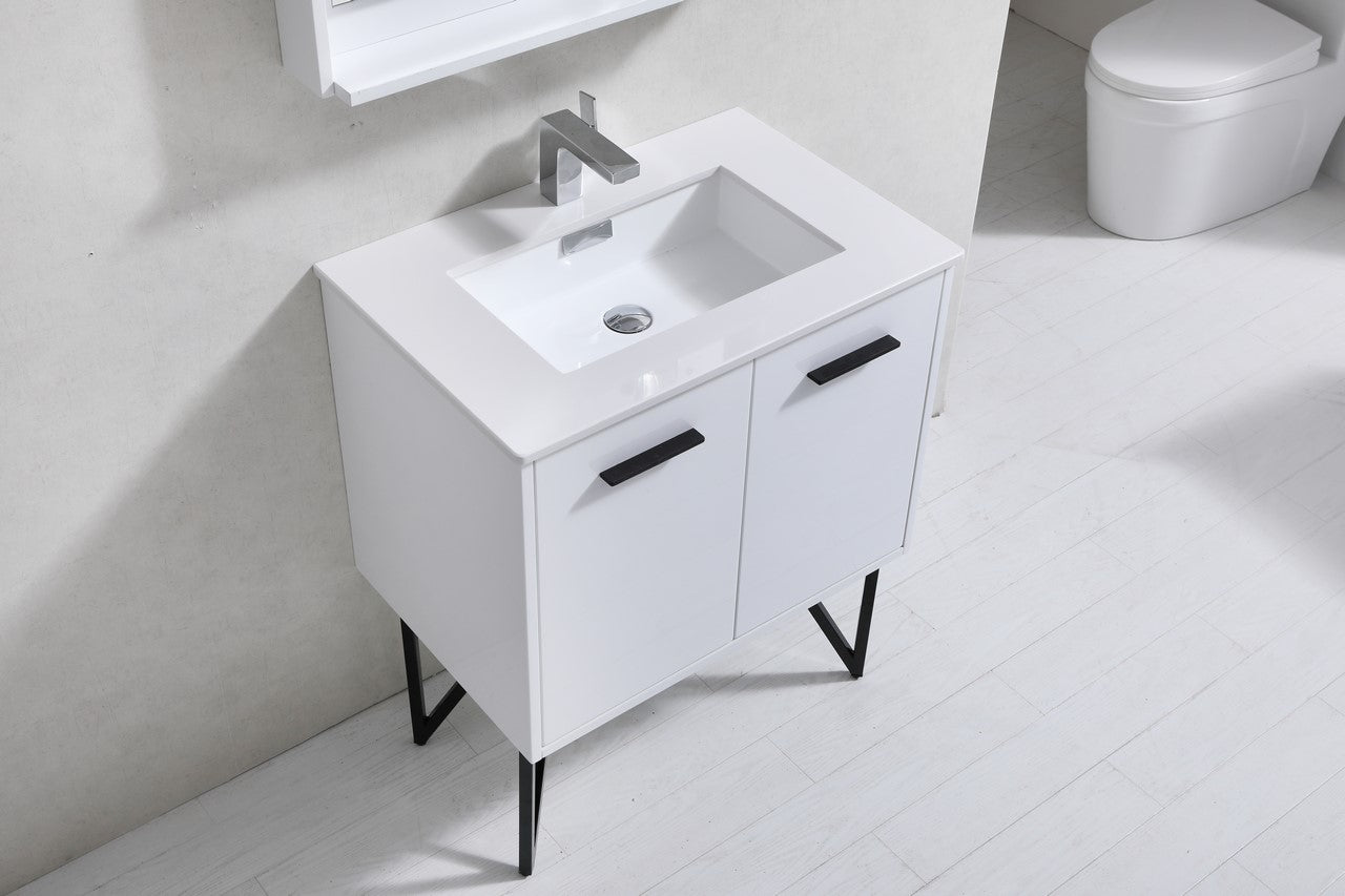 Bosco 30″ High Gloss White Modern Bathroom Vanity w/ White Countertop