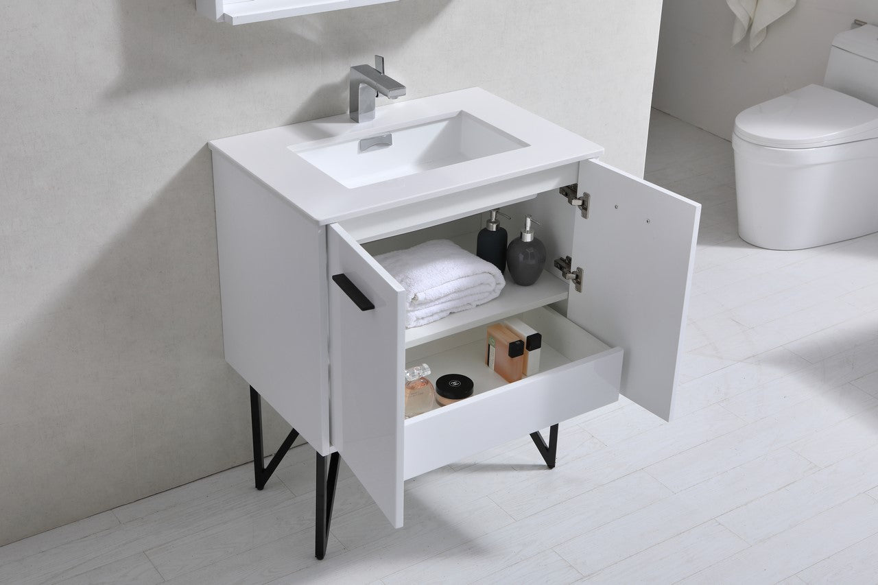 Bosco 30″ High Gloss White Modern Bathroom Vanity w/ White Countertop