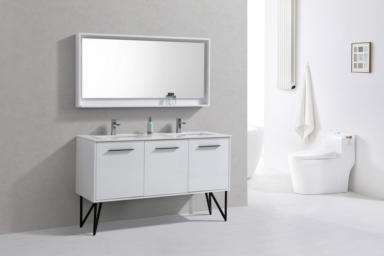 Bosco 60″ High Gloss White Modern Bathroom Vanity w/ White Countertop