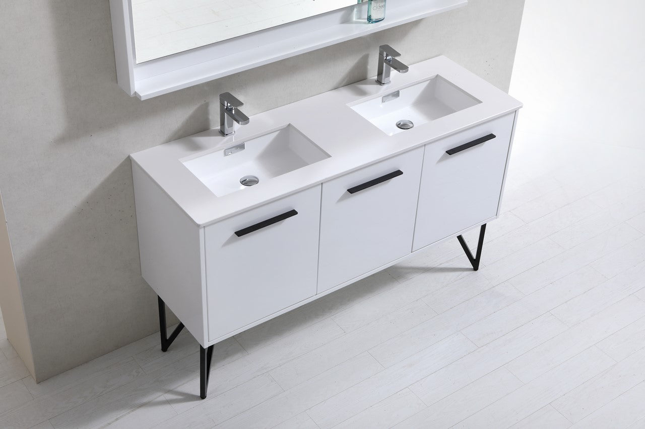 Bosco 60″ High Gloss White Modern Bathroom Vanity w/ White Countertop