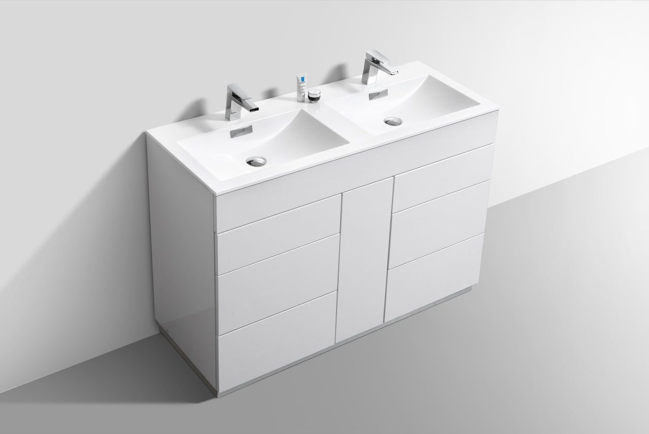 Milano 48″ Double Sink High Gloss White Floor Mount Modern Bathroom Vanity