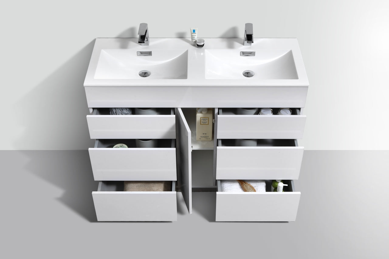 Milano 48″ Double Sink High Gloss White Floor Mount Modern Bathroom Vanity