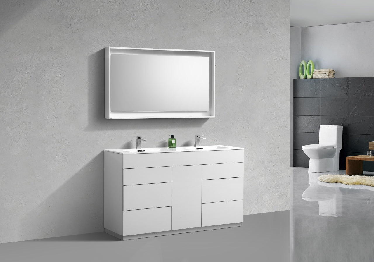 Milano 60″ Double Sink High Gloss White Floor Mount Modern Bathroom Vanity