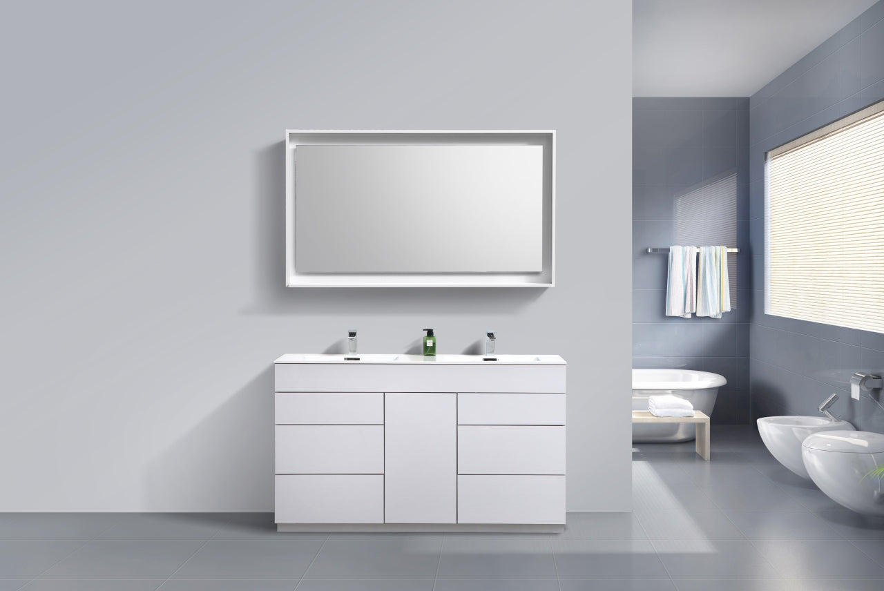 Milano 60″ Double Sink High Gloss White Floor Mount Modern Bathroom Vanity