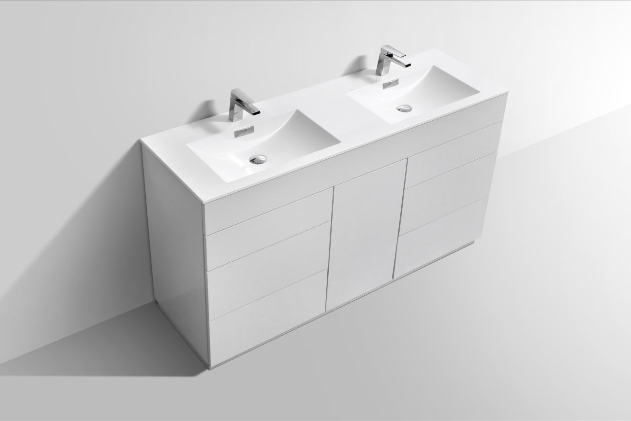 Milano 60″ Double Sink High Gloss White Floor Mount Modern Bathroom Vanity