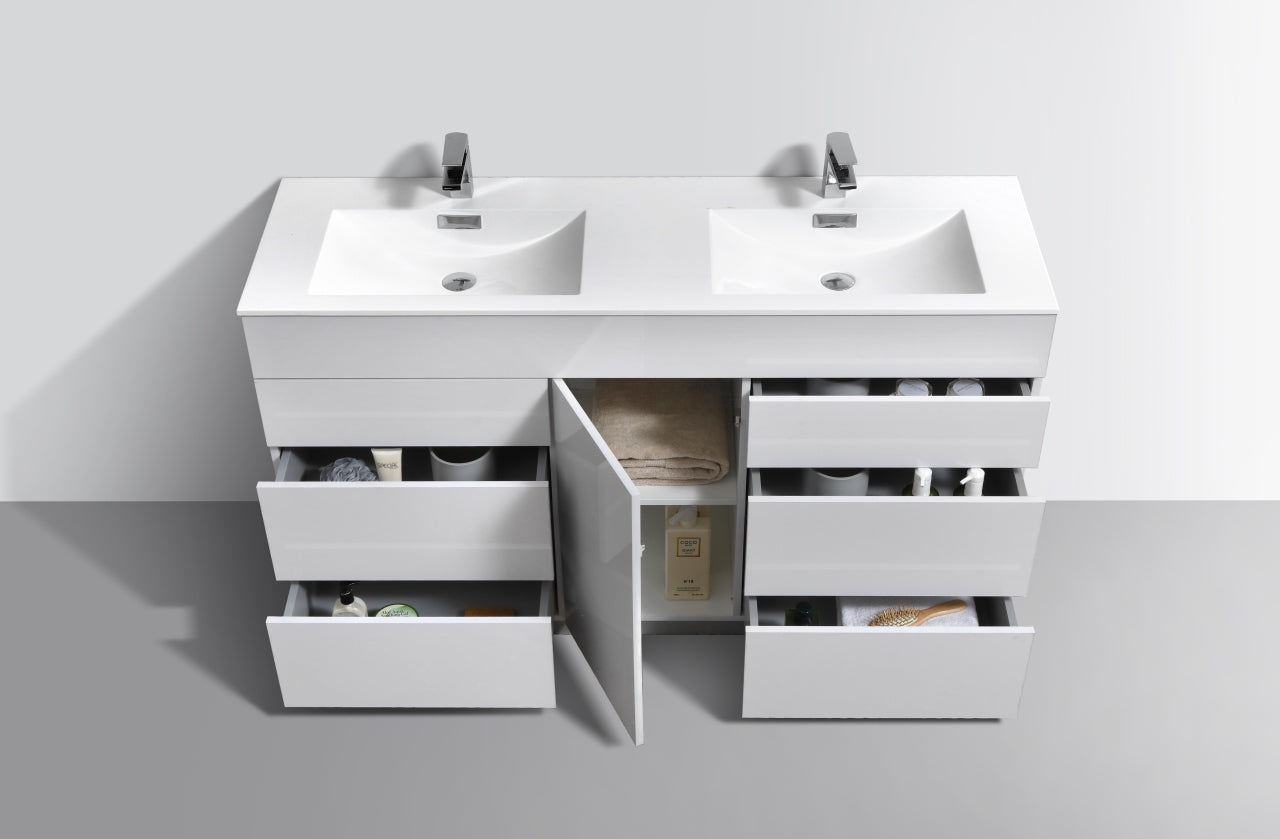 Milano 60″ Double Sink High Gloss White Floor Mount Modern Bathroom Vanity