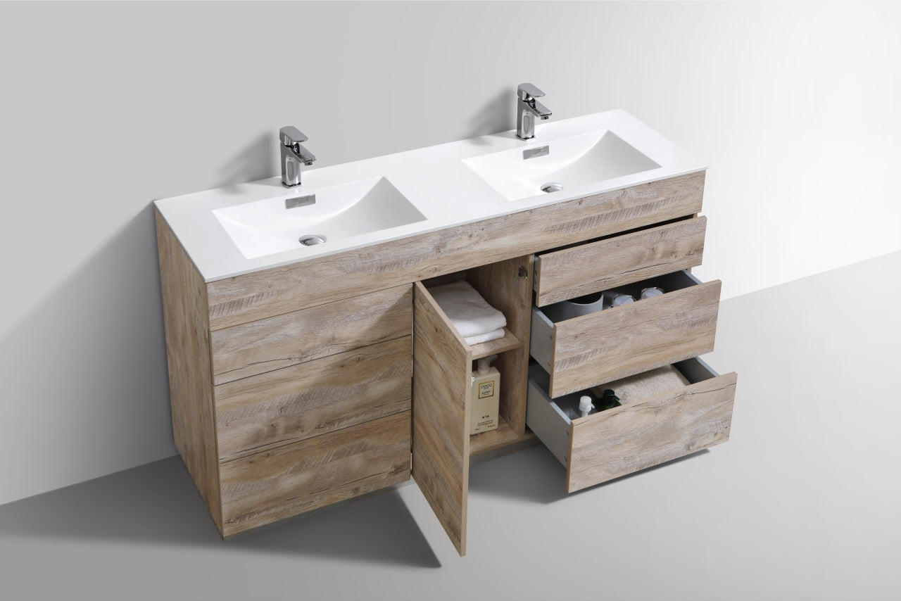 Milano 60″ Double Sink Nature Wood Floor Mount Modern Bathroom Vanity