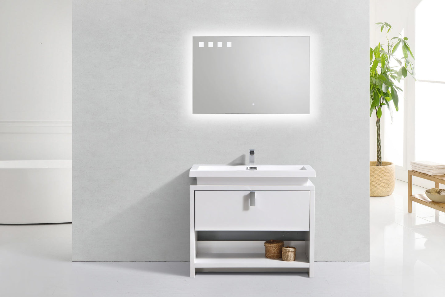 Levi 40″ High Gloss White Modern Bathroom Vanity w/ Cubby Hole