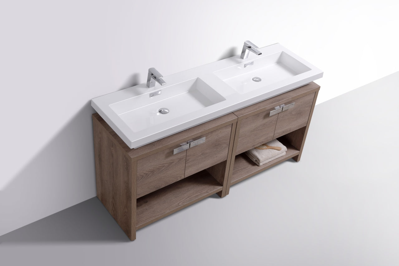 Levi 63″ Butternut Double Sink Modern Bathroom Vanity w/ Cubby Hole