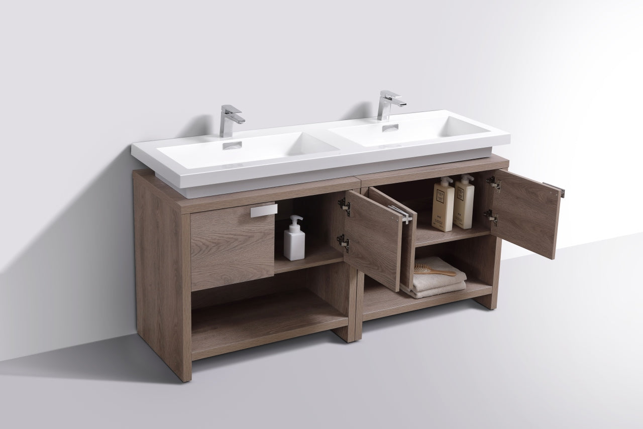 Levi 63″ Butternut Double Sink Modern Bathroom Vanity w/ Cubby Hole