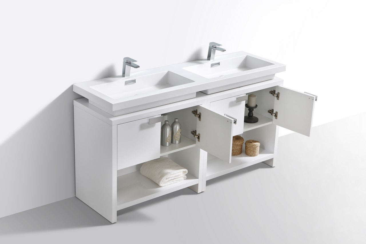 Levi 63″ High Gloss White Modern Bathroom Vanity w/ Cubby Hole