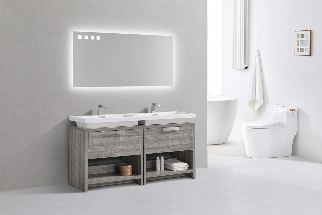 Levi 63″ Ash Gray Double Sink Modern Bathroom Vanity w/ Cubby Hole