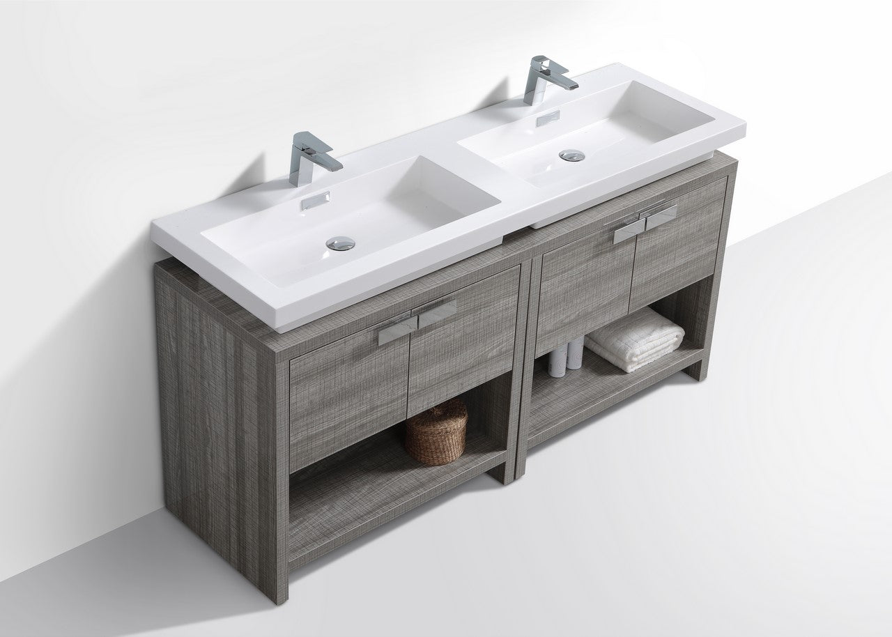 Levi 63″ Ash Gray Double Sink Modern Bathroom Vanity w/ Cubby Hole