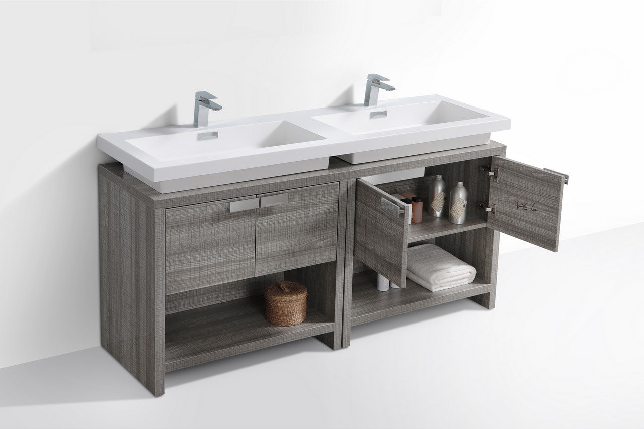 Levi 63″ Ash Gray Double Sink Modern Bathroom Vanity w/ Cubby Hole