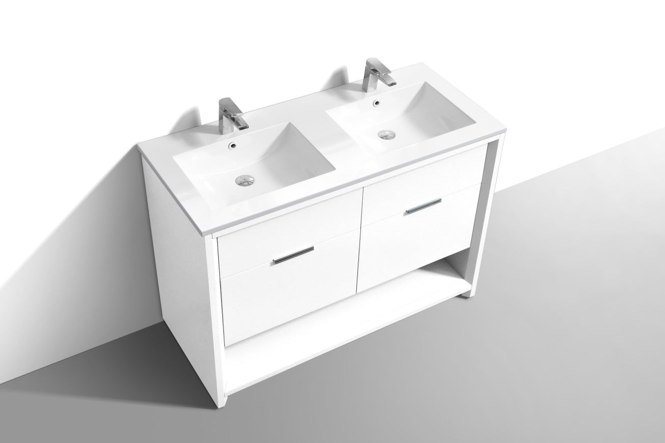 KubeBath 48″ Double Sink Nudo Modern Bathroom Vanity in High Gloss White Finish