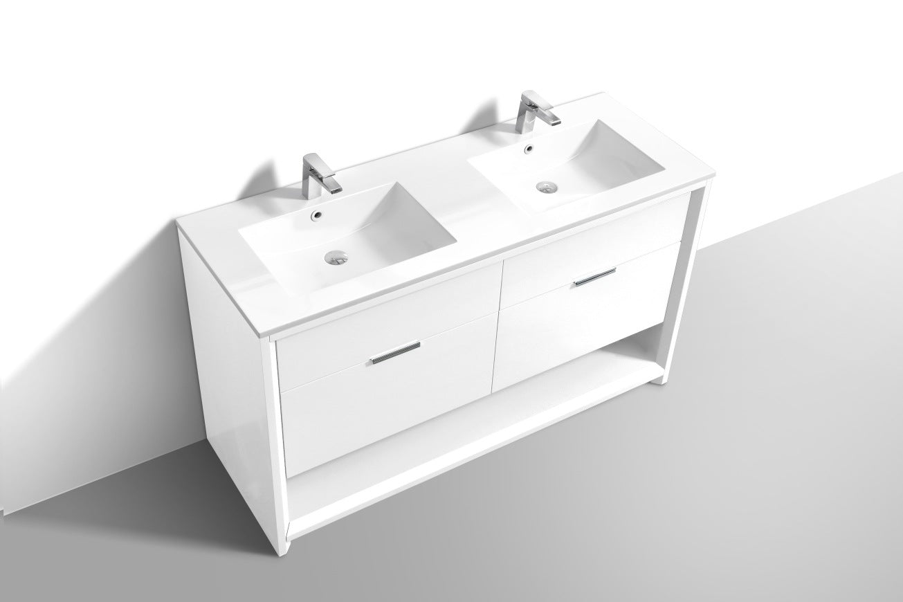 KubeBath 60″ Double Sink Nudo Modern Bathroom Vanity in High Gloss White Finish