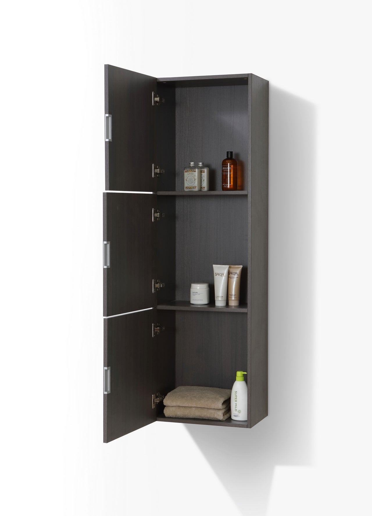 Bathroom High Gloss Gray Oak Linen Side Cabinet w/ 3 Large Storage Areas