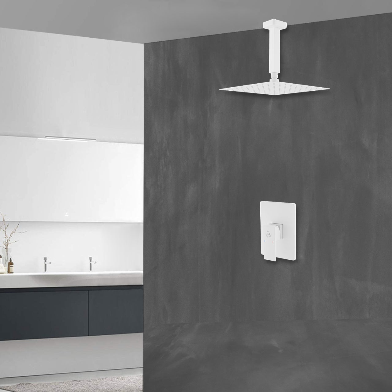 Aqua Piazza White Shower Set w/ 8″ Ceiling Mount Square Rain Shower