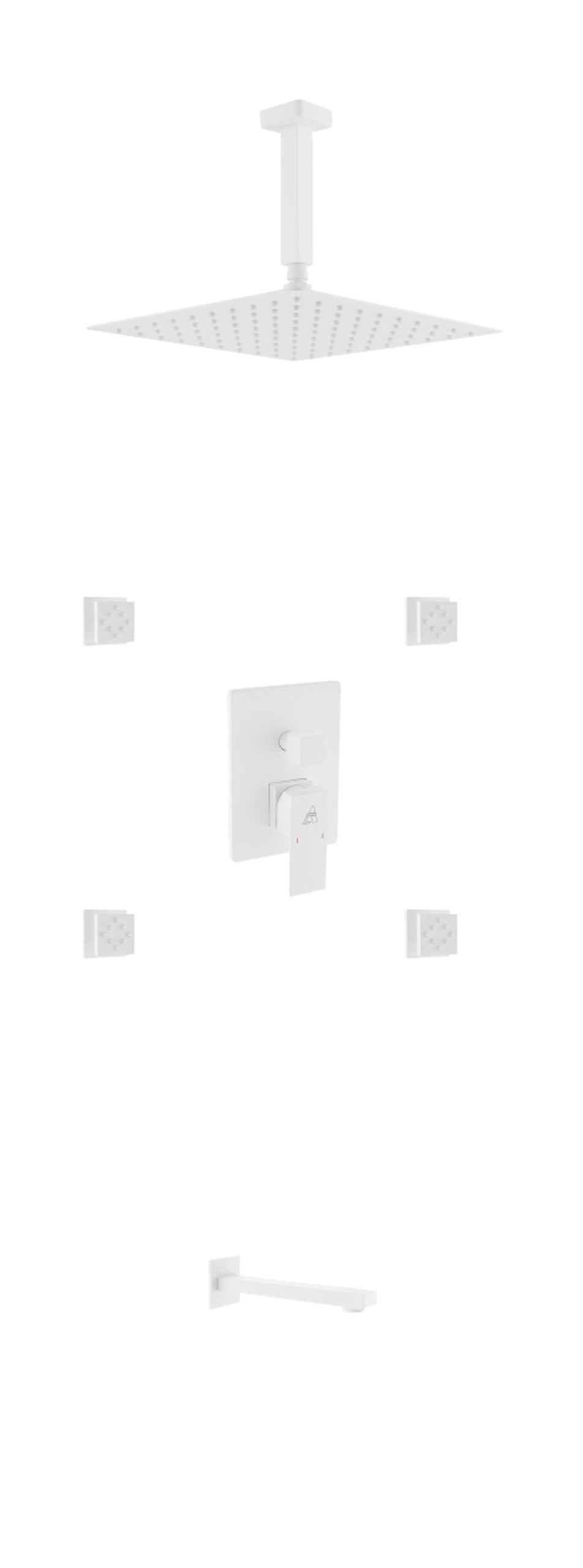Aqua Piazza White Shower Set w/ 8″ Ceiling Mount Square Rain Shower, Tub Filler and 4 Body Jets
