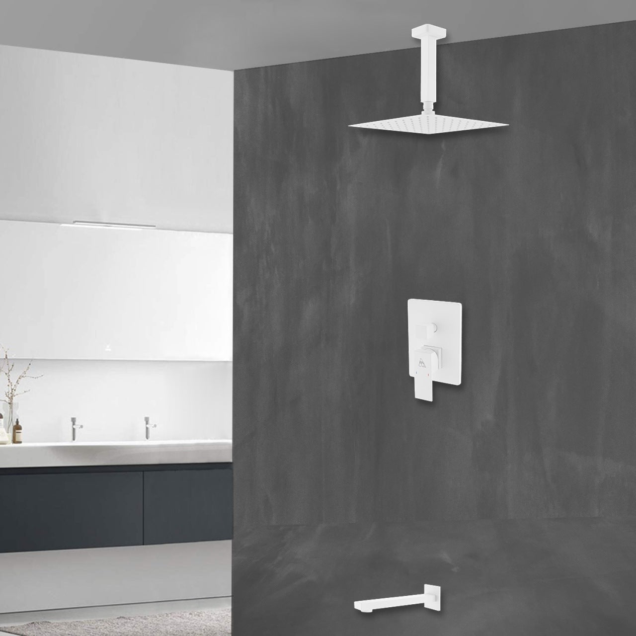 Aqua Piazza White Shower Set w/ 8″ Ceiling Mount Square Rain Shower and Tub Filler