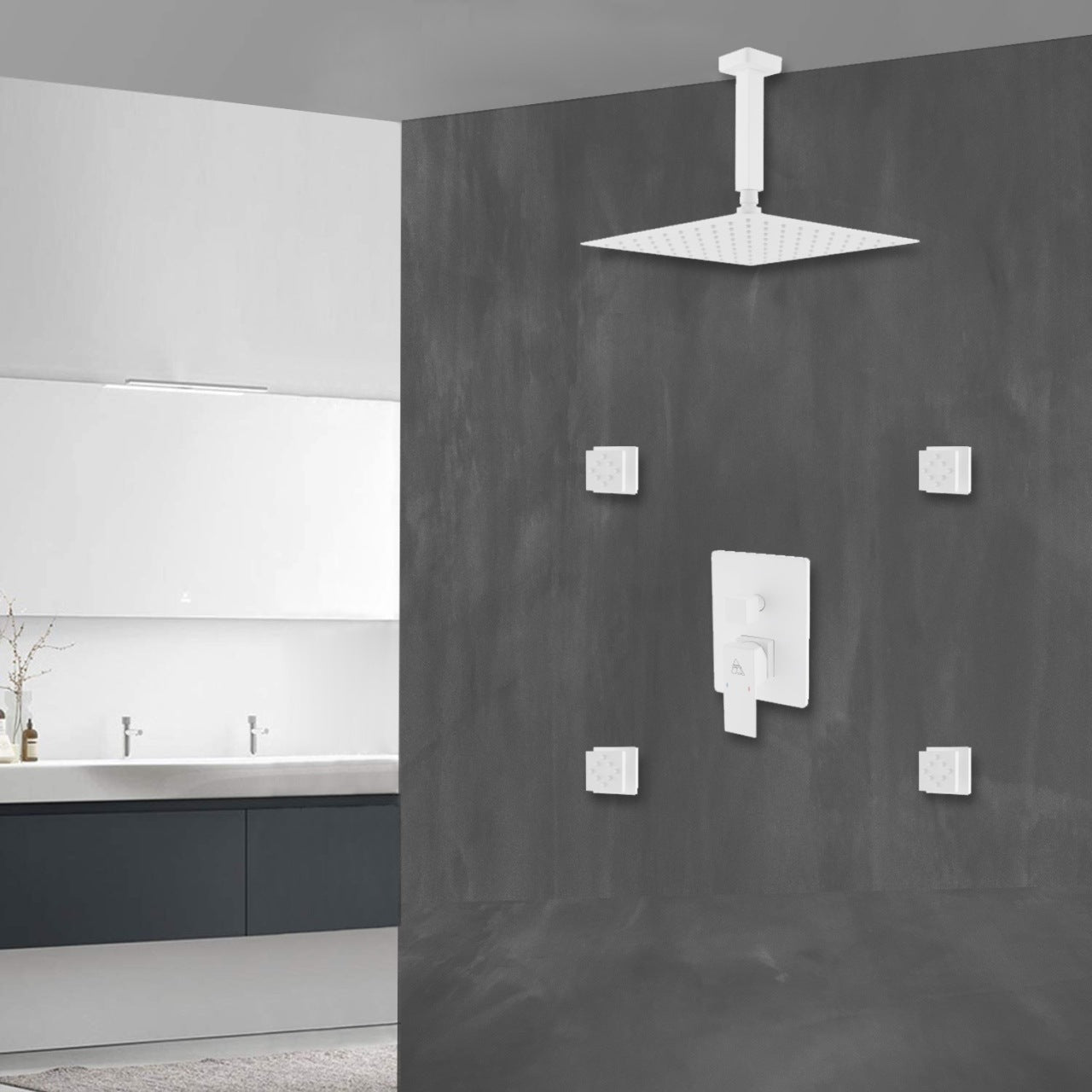 Aqua Piazza White Shower Set w/ 12″ Ceiling Mount Square Rain Shower and 4 Body Jets