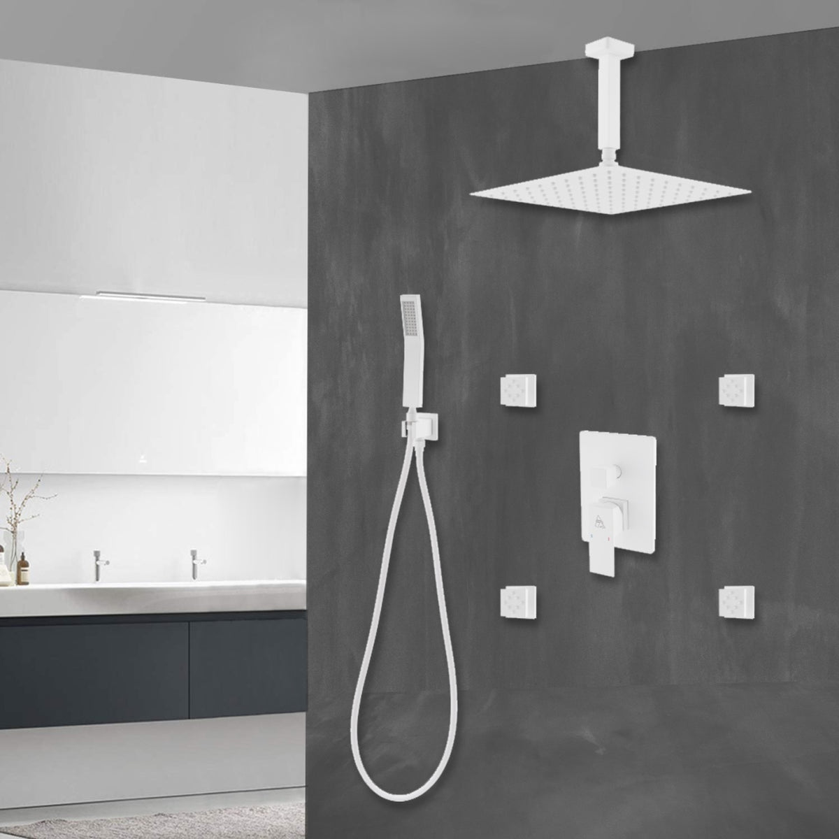 Aqua Piazza White Shower Set w/ 12″ Ceiling Mount Square Rain Shower, 4 Body Jets and Handheld