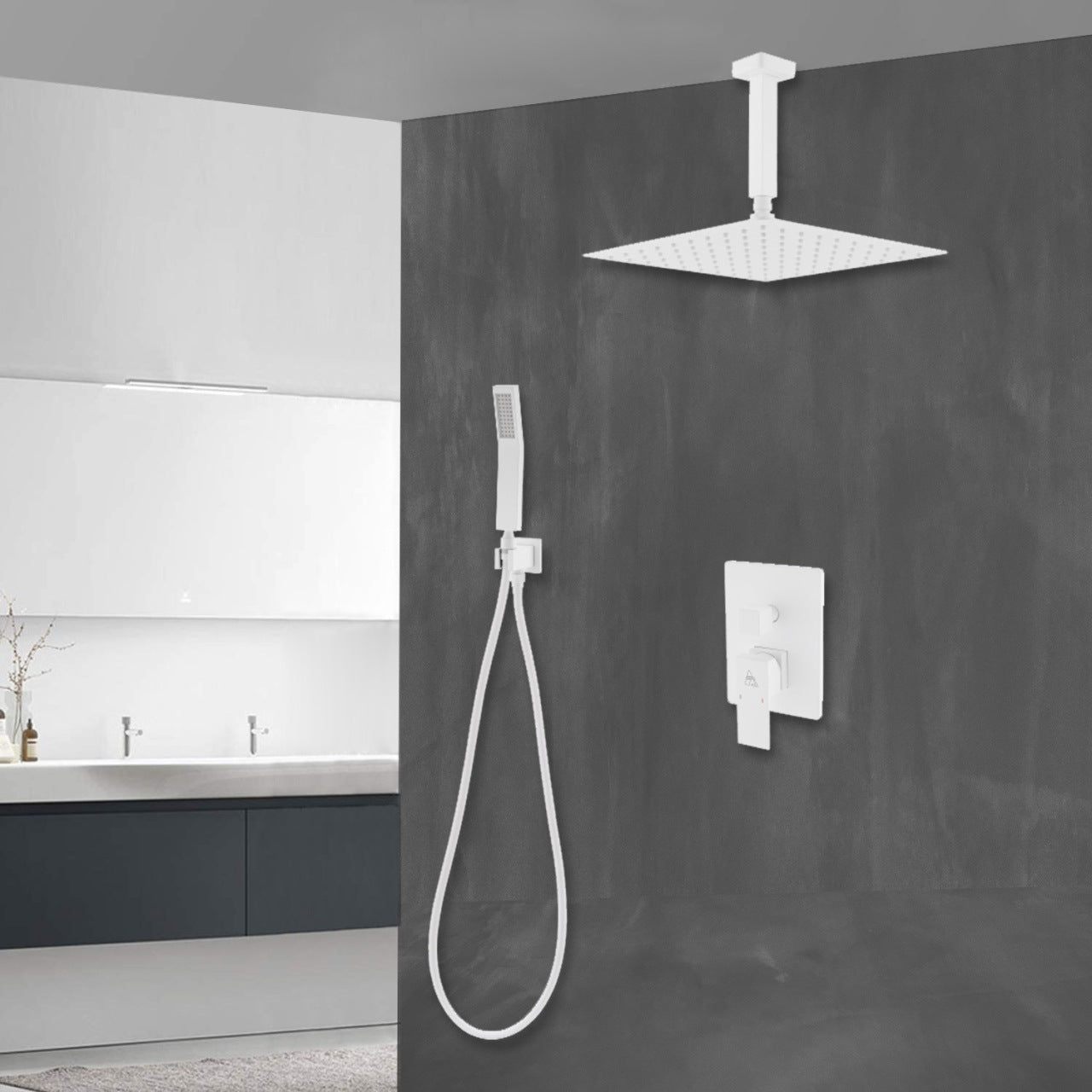 Aqua Piazza White Shower Set w/ 12″ Ceiling Mount Square Rain Shower and Handheld