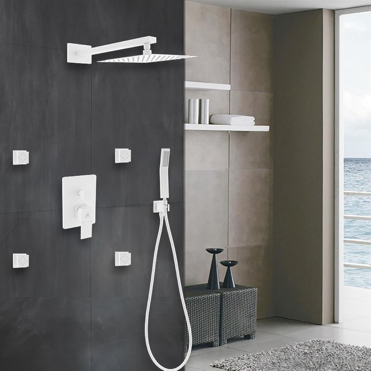 Aqua Piazza White Shower Set w/ 8″ Square Rain Shower, 4 Body Jets and Handheld