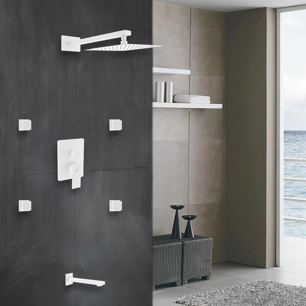 Aqua Piazza White Shower Set w/ 8″ Square Rain Shower, 4 Body Jets and Tub Filler