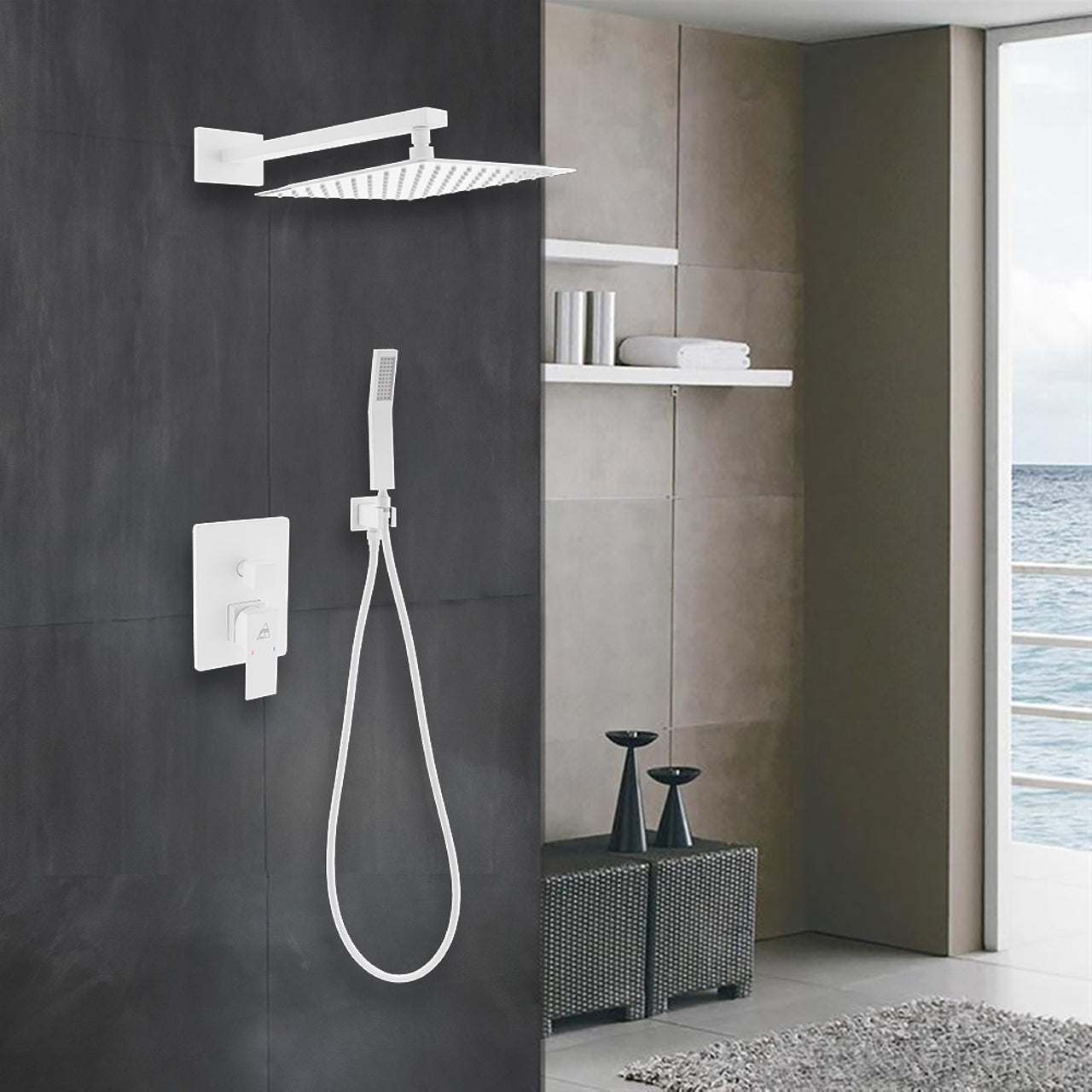 Aqua Piazza White Shower Set w/ 12″ Square Rain Shower and Handheld