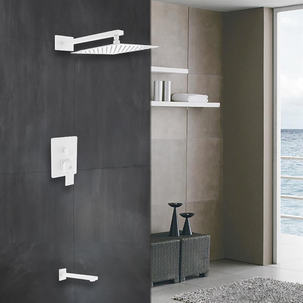 Aqua Piazza White Shower Set w/ 12″ Square Rain Shower Head