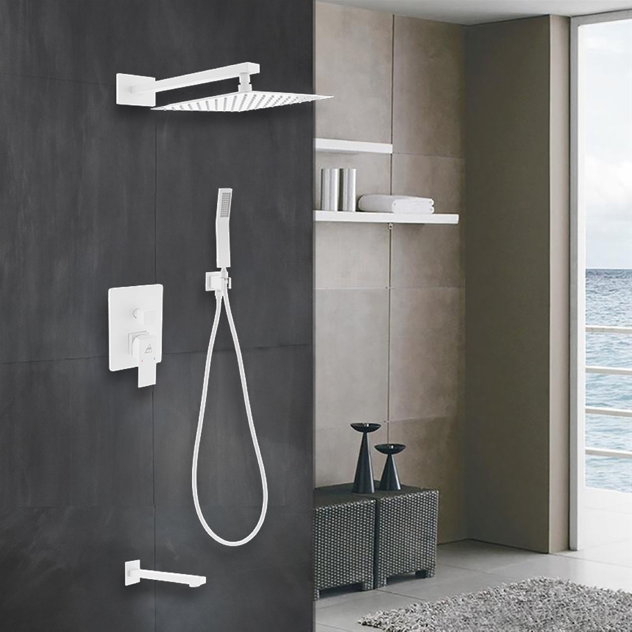 Aqua Piazza White Shower Set w/ 12″ Square Rain Shower, Tub Filler and Handheld