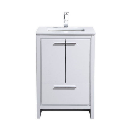 KubeBath Dolce 24″ High Gloss White Modern Bathroom Vanity with Quartz Countertop