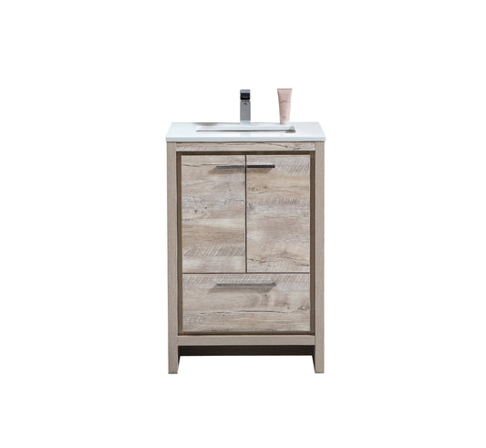 KubeBath Dolce 24″ Nature Wood Modern Bathroom Vanity with Quartz Countertop