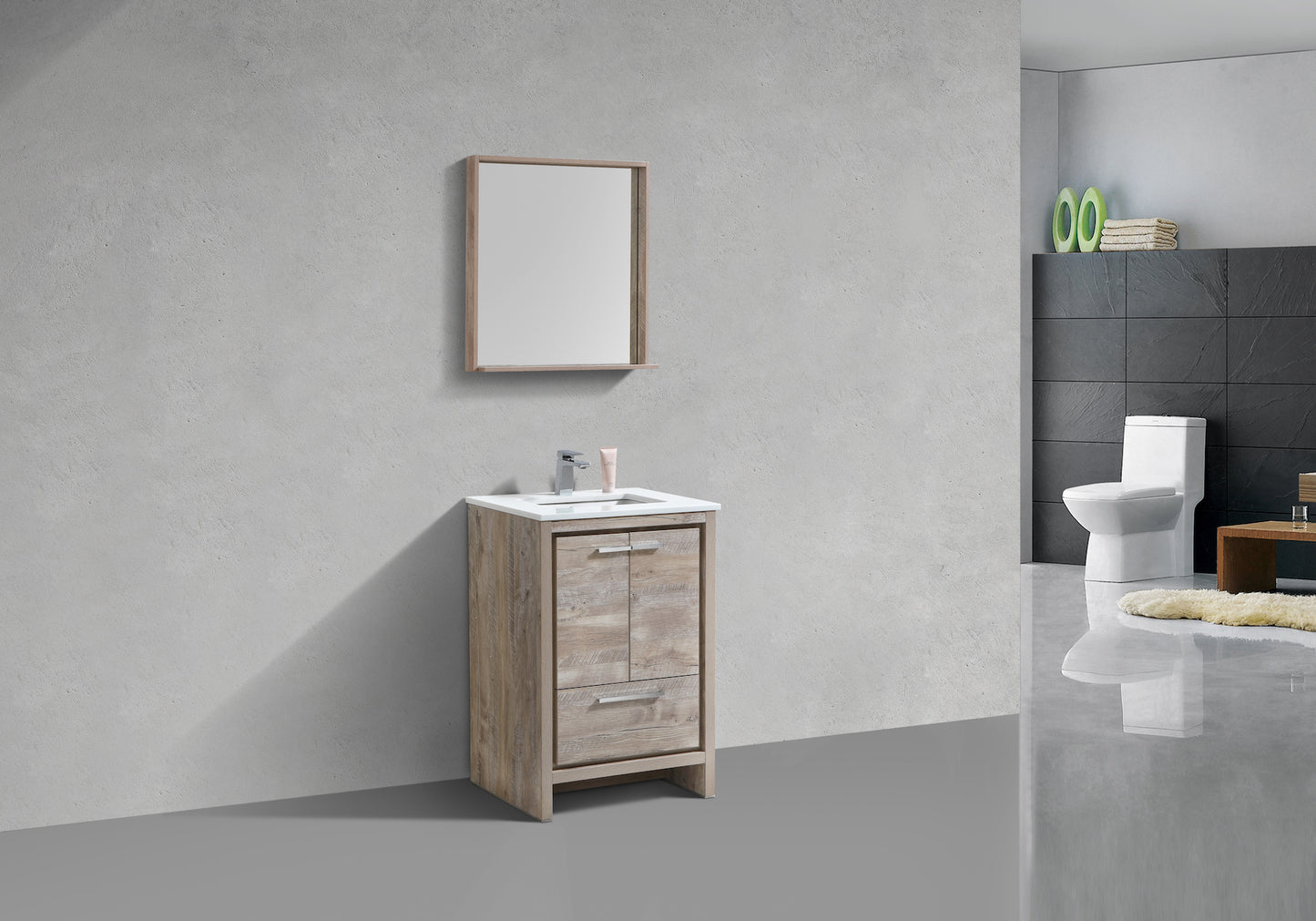 KubeBath Dolce 24″ Nature Wood Modern Bathroom Vanity with Quartz Countertop