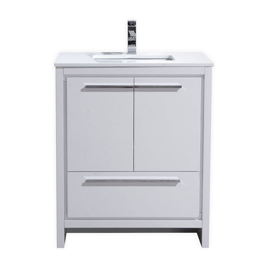 KubeBath Dolce 30″ High Gloss White Modern Bathroom Vanity with Quartz Countertop
