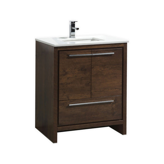KubeBath Dolce 30″ Rose Wood Modern Bathroom Vanity with Quartz Countertop