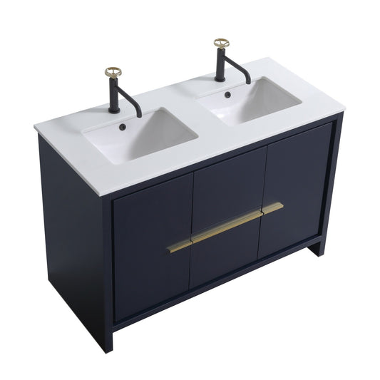 KubeBath Dolce 48″ Double Sink Blue Modern Bathroom Vanity with Quartz Countertop