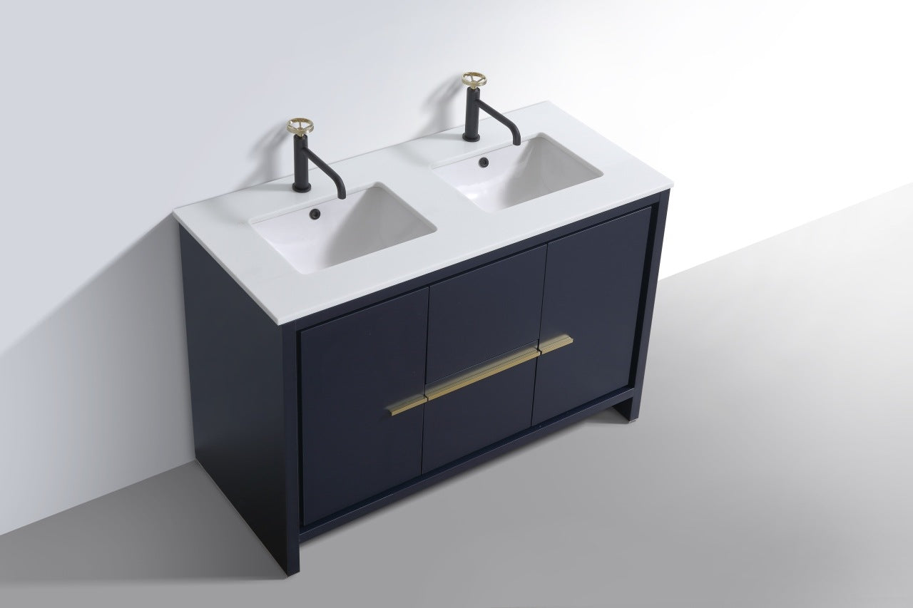 KubeBath Dolce 48″ Double Sink Blue Modern Bathroom Vanity with Quartz Countertop