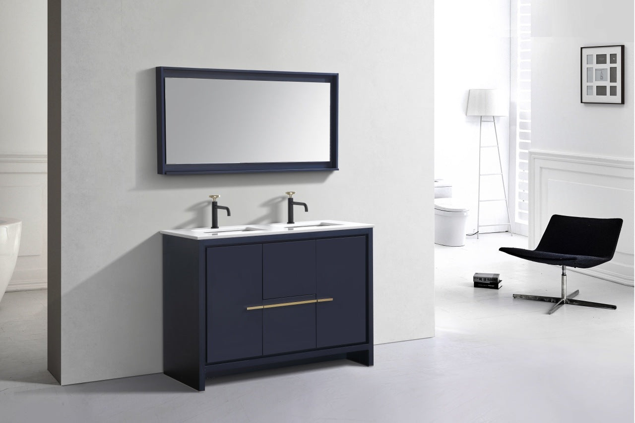 KubeBath Dolce 48″ Double Sink Blue Modern Bathroom Vanity with Quartz Countertop