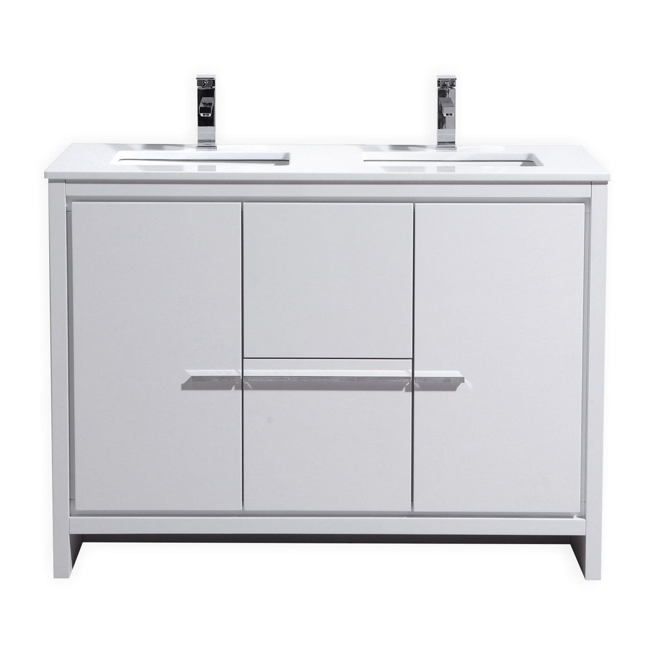 KubeBath Dolce 48″ Double Sink High Gloss White Modern Bathroom Vanity with Quartz Countertop