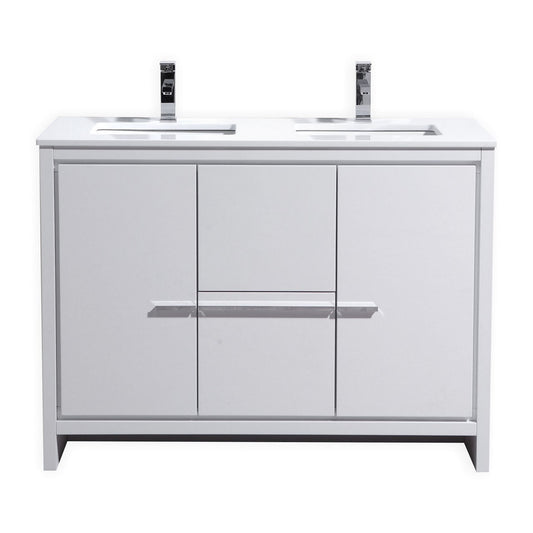 KubeBath Dolce 48″ Double Sink High Gloss White Modern Bathroom Vanity with Quartz Countertop