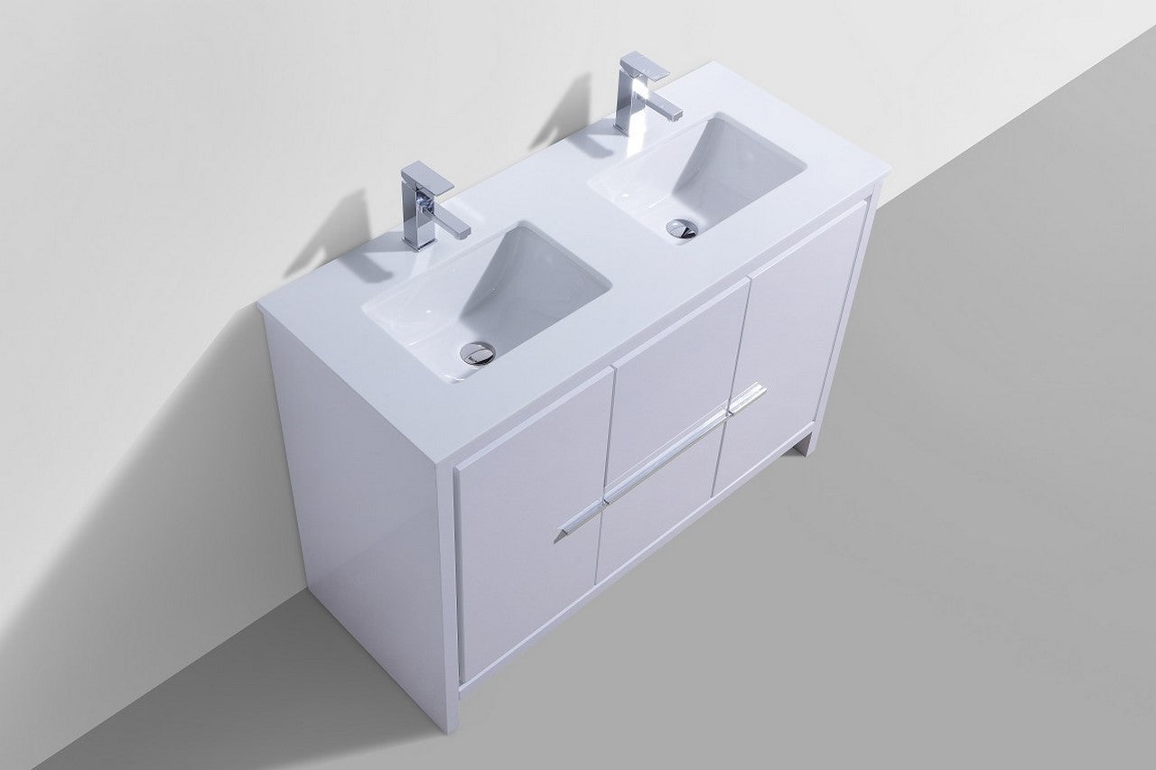 KubeBath Dolce 48″ Double Sink High Gloss White Modern Bathroom Vanity with Quartz Countertop