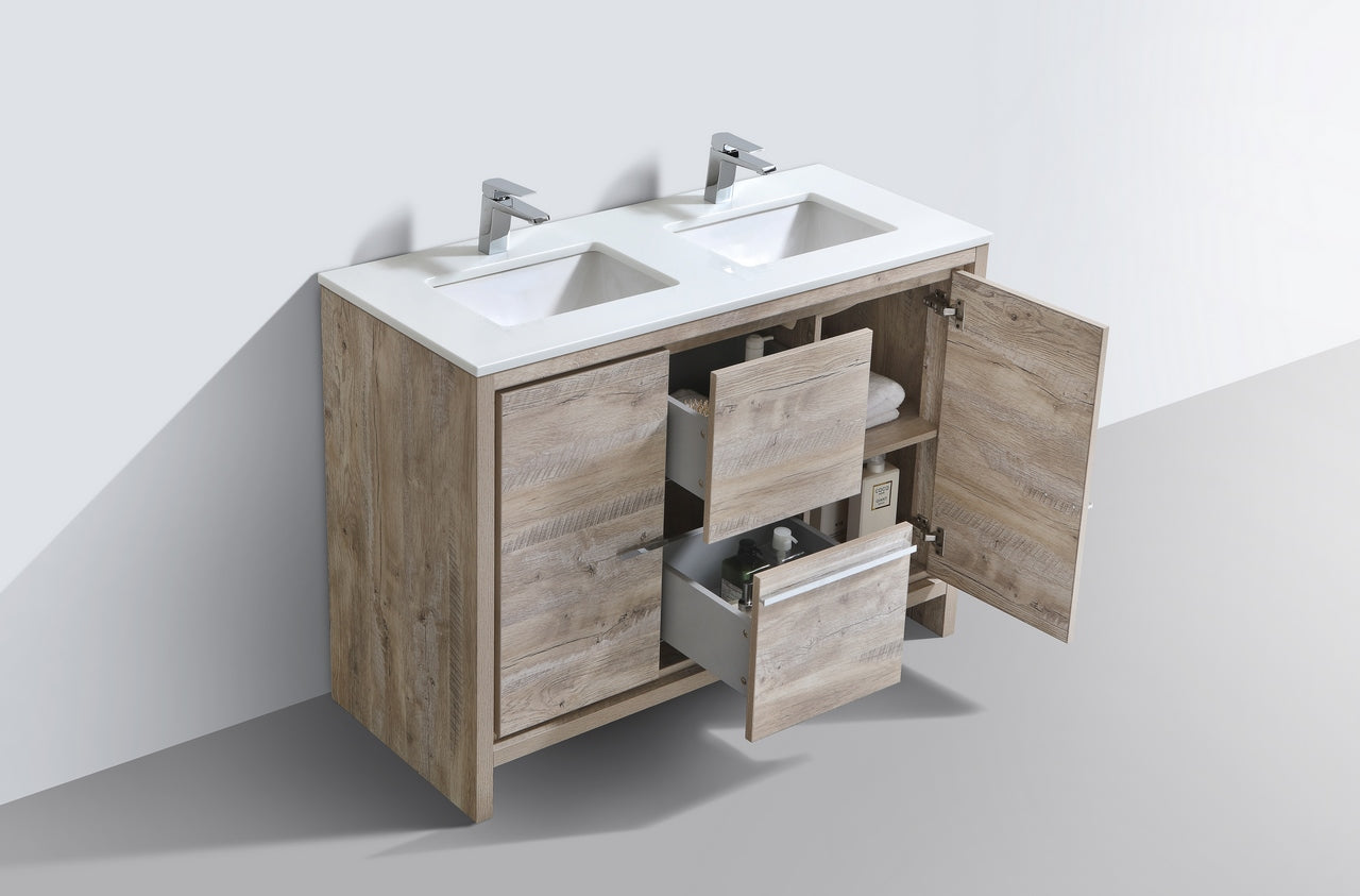 KubeBath Dolce 48″ Double Sink Nature Wood Modern Bathroom Vanity with Quartz Countertop