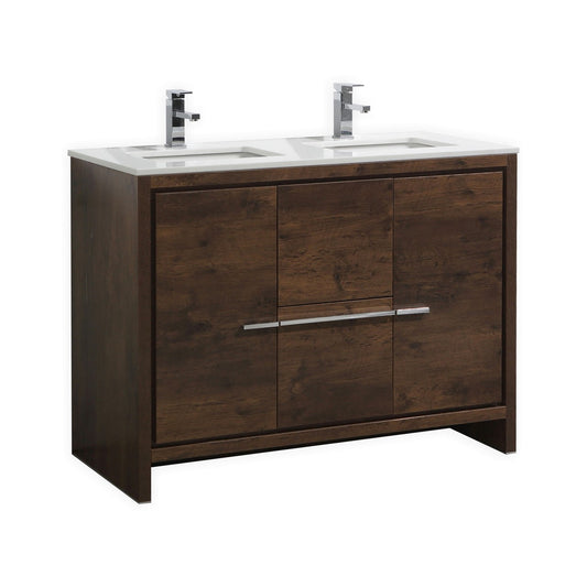 KubeBath Dolce 48″ Double Sink Rose Wood Modern Bathroom Vanity with Quartz Countertop