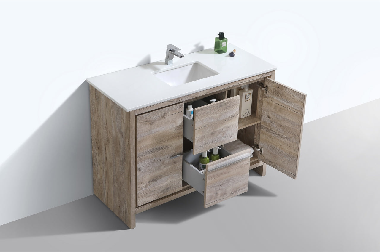 KubeBath Dolce 48″ Nature Wood Modern Bathroom Vanity with Quartz Countertop