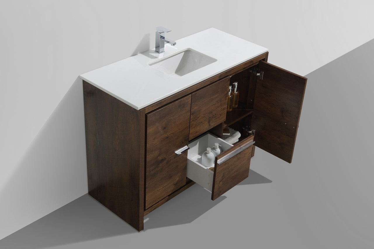 KubeBath Dolce 48″ Rose Wood Modern Bathroom Vanity with Quartz Countertop