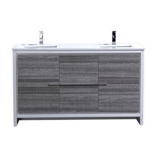 KubeBath Dolce 60″ Double Sink Ash Gray Modern Bathroom Vanity with Quartz Countertop